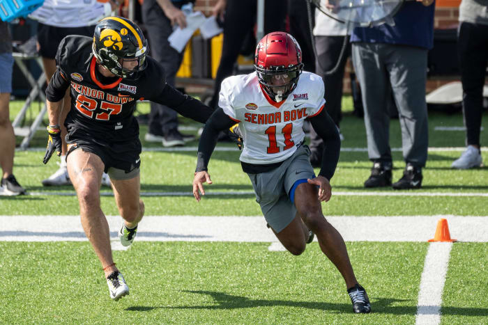Jan 31, 2023; Mobile, AL, USA; National defensive back Riley Moss of Iowa (27) practices with National wide receiver Tre Tucker of Cincinnati (11) during the first day of Senior Bowl week at Hancock Whitney Stadium in Mobile. Mandatory Credit: Vasha Hunt-USA TODAY Sports